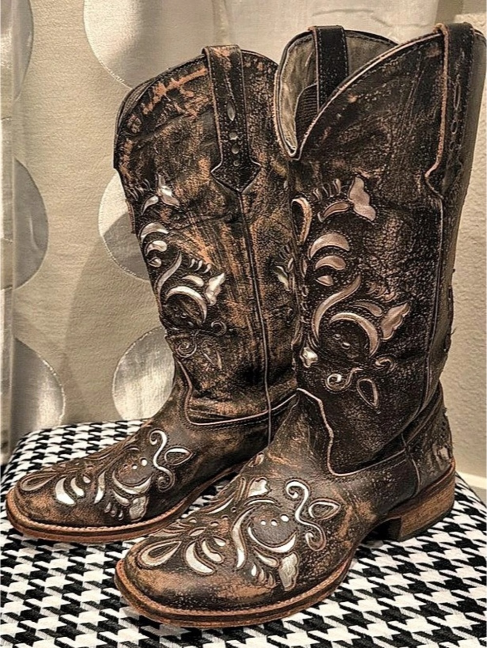 Corral Brown Crater Bone Embroidery Square Toe Cowgirl Boots A2663 Embroidered